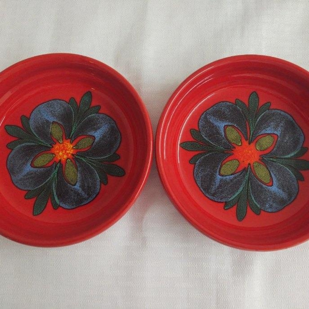Vintage ceramic floral designed, red glazed bowls; pair.